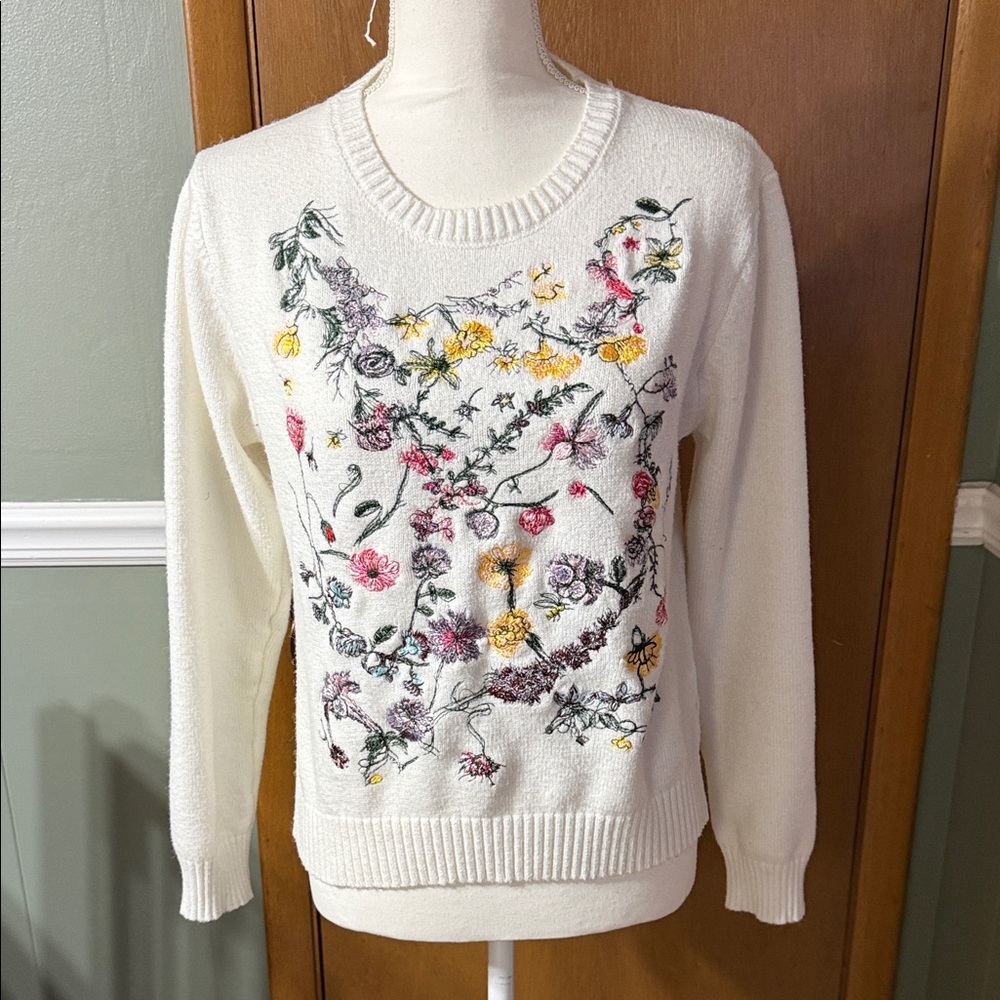 BiBi Cream Sweater with Colorful Floral Embroidery
